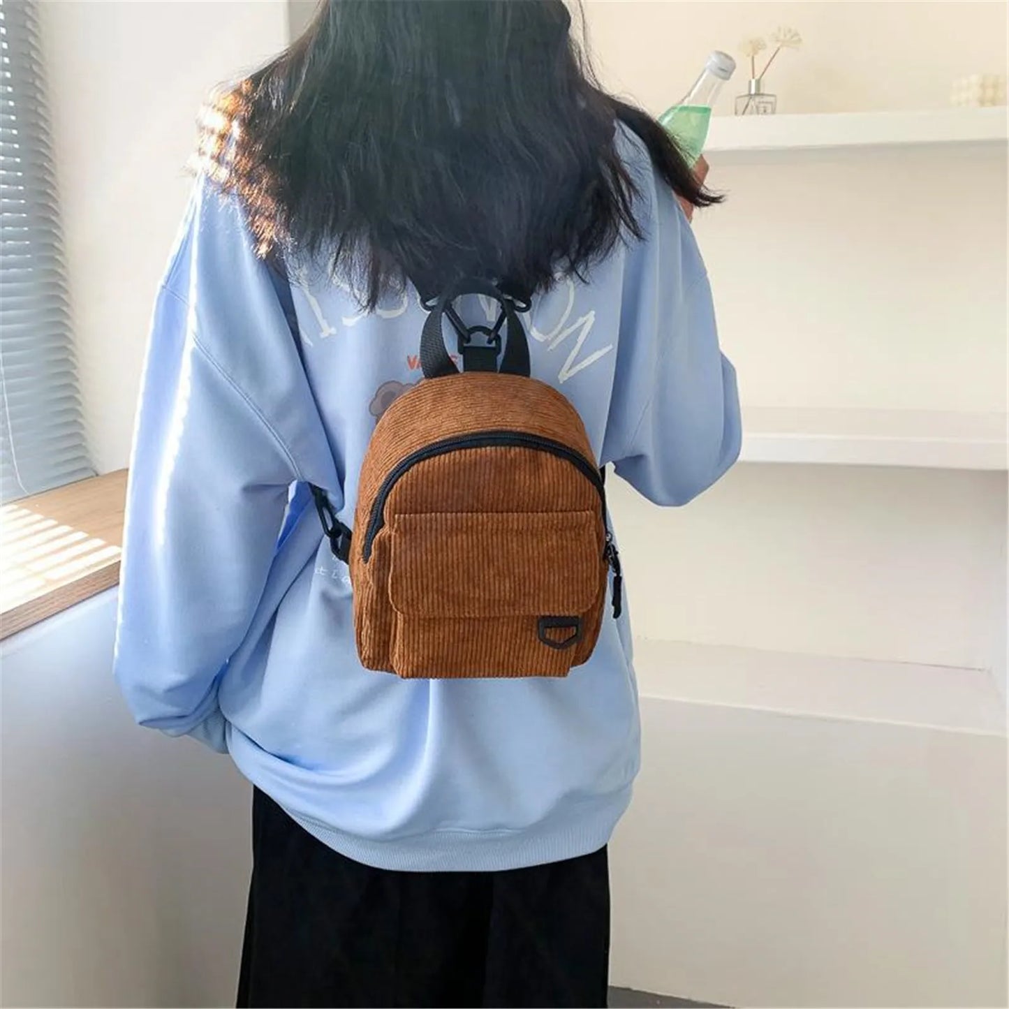 Women's Mini Backpack Fashion Solid Color Corduroy Small Simple Casual Traveling Large Capacity Female's Schoolbag