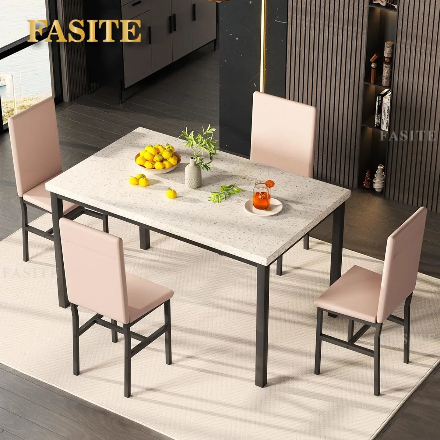 White Faux Marble Dining Table with 4 Upholstered Chairs, 5-Piece Dining Room Table Set for Small Space, Breakfast Table