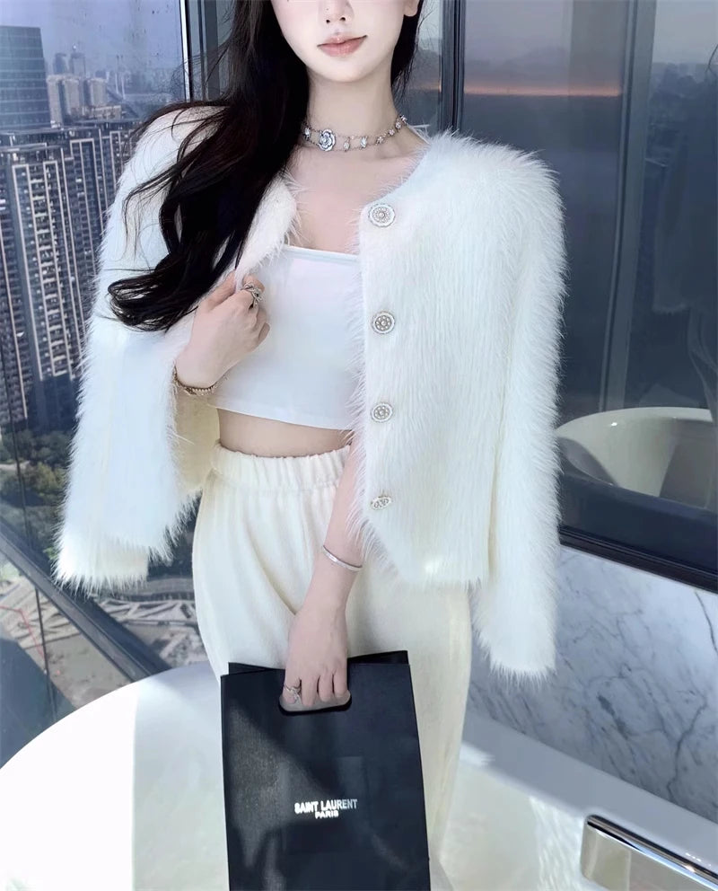 Autumn Warm Women Crop Cardigan Korean Knitted Elegant Female Casual Sweaters Fashion Imitation Mink Cashmere Soft Ladies Coat