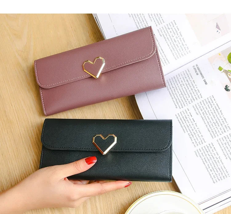 2024 Women Tri-Fold Wallet Metal Heart Pattern Girls Money Pocket Card Holder Luxury Designer Phone Clutch Fashion Card Holder