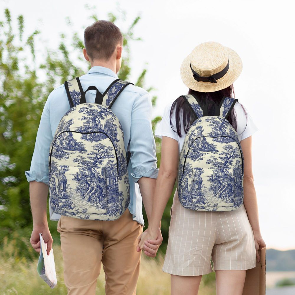 Personalized Navy Blue Toile De Jouy Canvas Backpacks Men Women Basic Bookbag for School College French Countryside Floral Bags