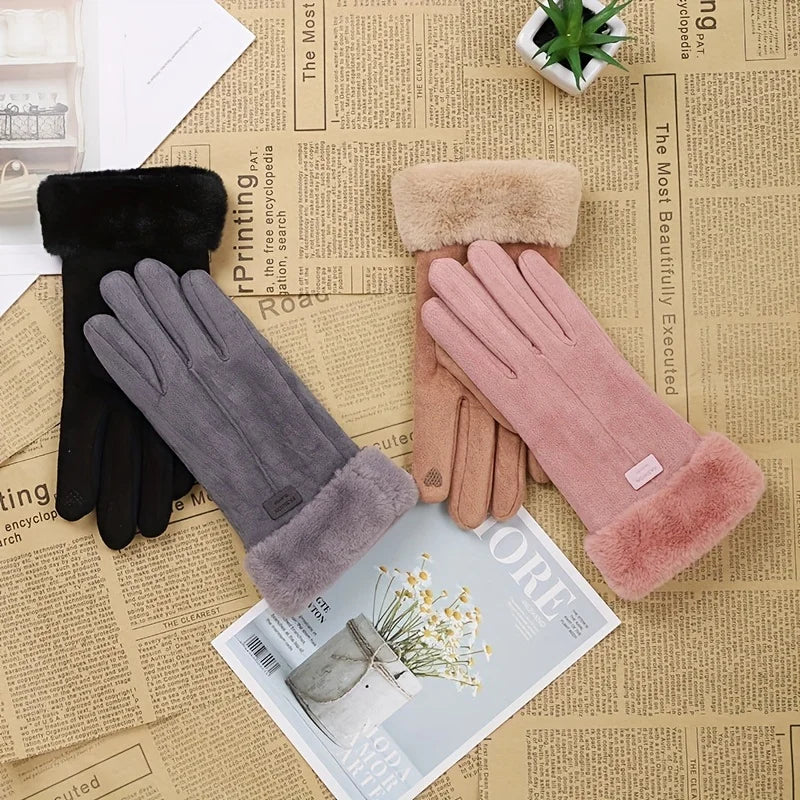 Women Winter Thick Plush Leather Gloves Fashion Winter Warm Skiing Outdoor Women Gloves Lady Elegant Casual Touch Screen Gloves