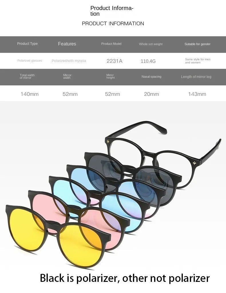 6 In 1 Custom Men Women Polarized Optical Magnetic Sunglasses Clip Magnet Clip on Sunglasses Polaroid Clip on Sun Glasses Frame