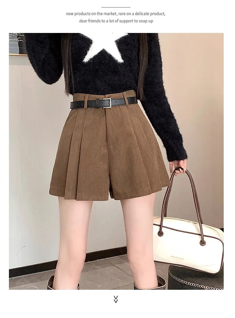 Corduroy Velvet Women Shorts Autumn Winter High Waist Slim Flared Trousers Fashionable Temperament A- crotch Boots