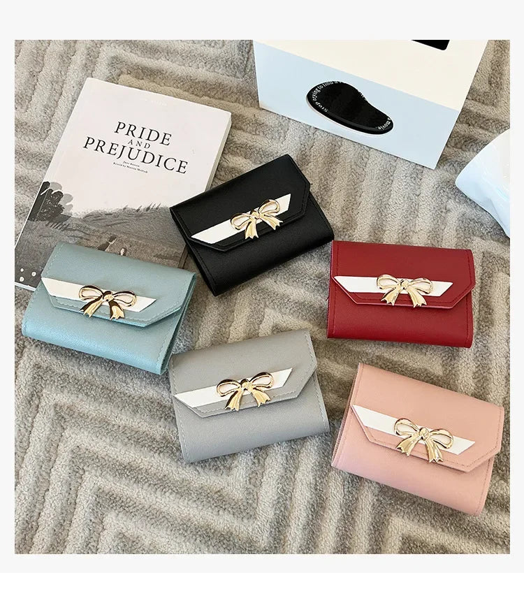 Women Wallet Foldable Portable Ladies Short Coin Purses Fashion Cute Bow Clutch Bag PU Leather Quality Female Card Holder Purse