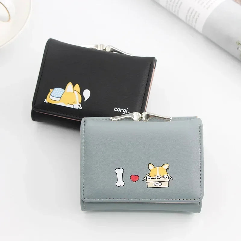 Korean Style Cartoon Women Wallet Small Cute Corgi Doge Wallets Ladies Short Leather Purses Female Purse Clutch