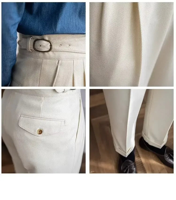 Spring Autumn White Men's Trousers Business Casual Cropped Pants Paris Button Trendy Italian Style