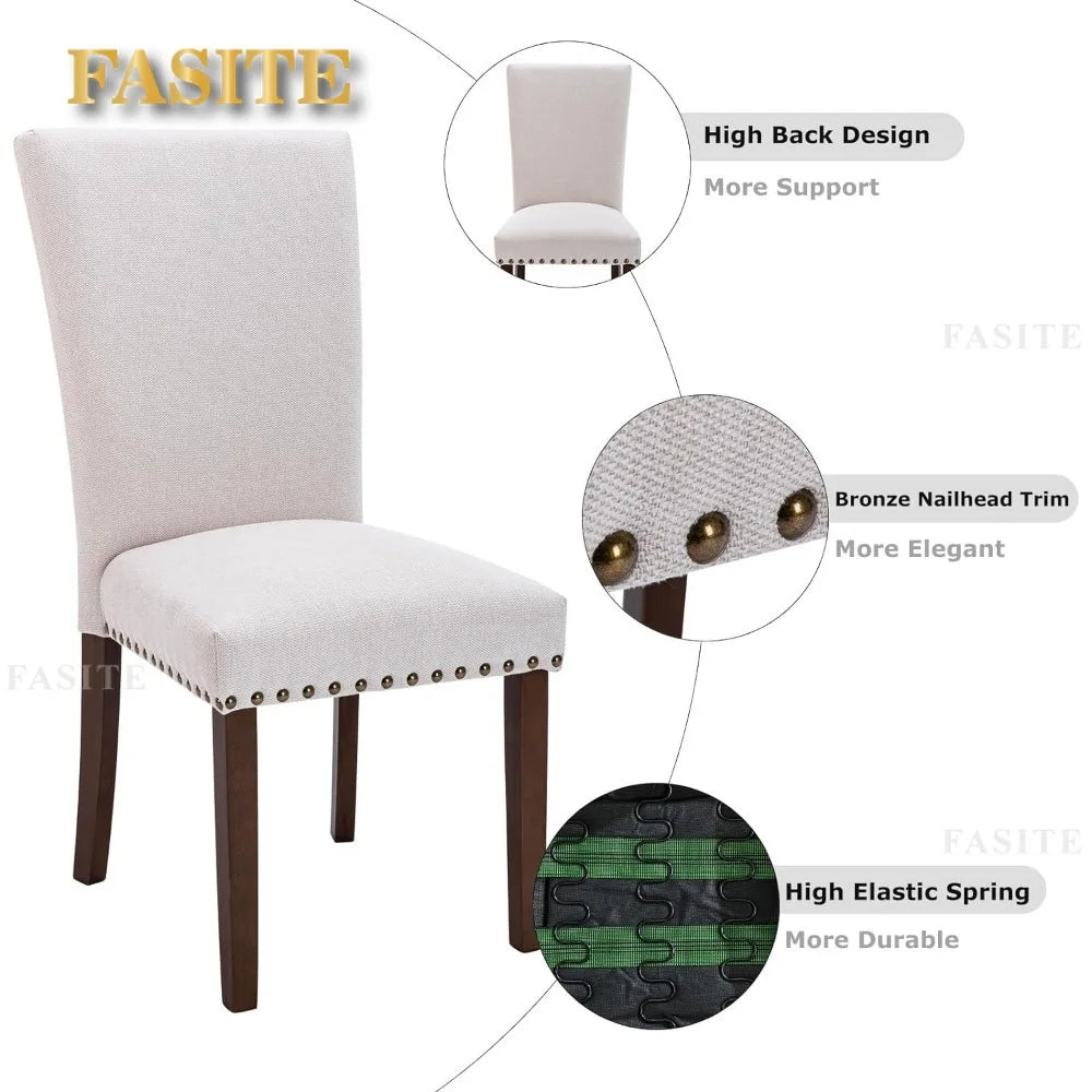 Set of 4, Fabric Dining Room Kitchen Side Chair with Nailhead Trim and Wood Legs - Beige