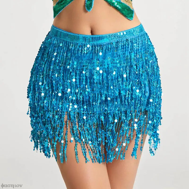 Jupe tutu sexy pour femme, danse du ventre, ceinture portefeuille, paillettes, pompon, écharpe, robe d'été, costume, jupe à franges