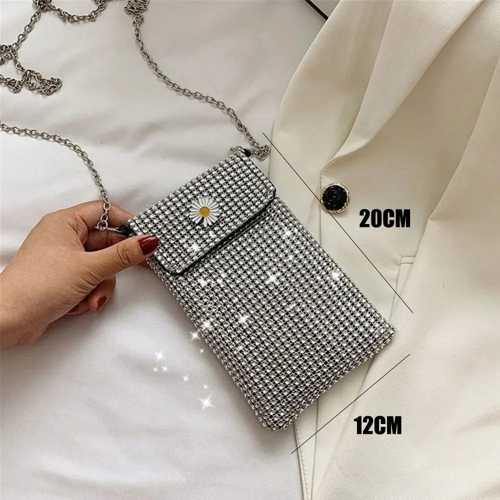 Phone Bag for Women Trend Rhinestone Solid Color Female Handbags Crossbody Shoulder Messenger Bag Casual Ladies Chain Mini Purse