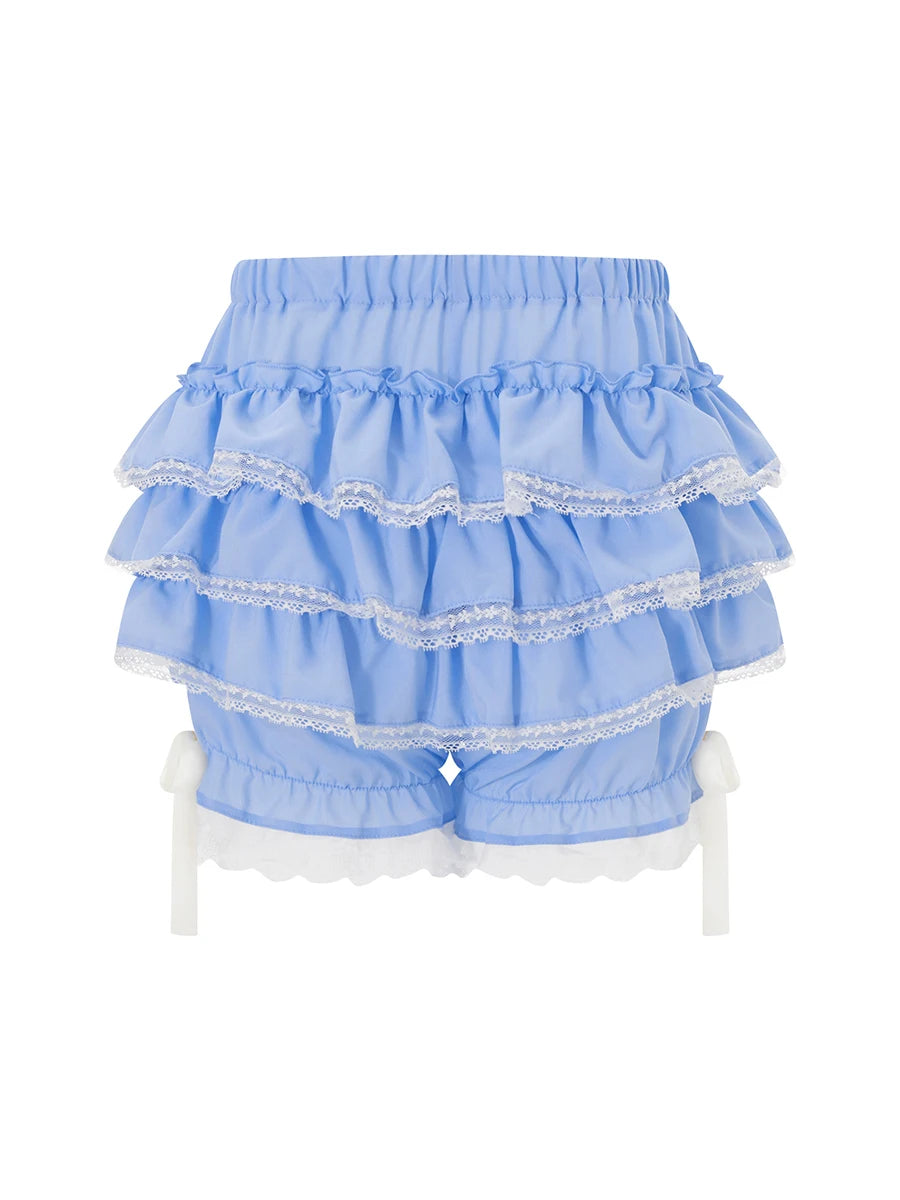 Women Lace Ruffle Shorts Kawaii Lolita Bloomers Layered Boxer Shorts Cute Pumpkin Pants Boy Shorts Bottoms (A Blue, S)