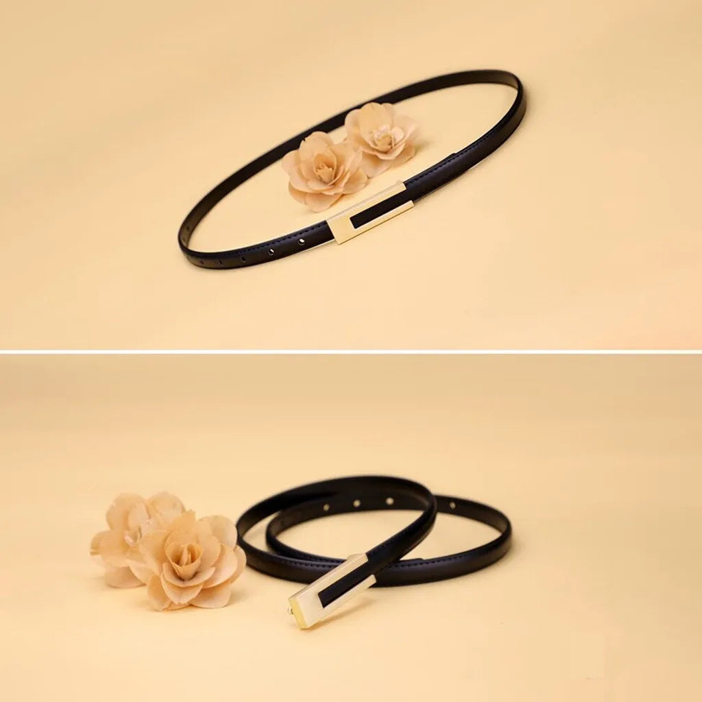 Women Korean Fashionable PU Leather Thin Waist Strap Metal Accessories Basic Belt Women Casual Porous Adjustable Fashion Belts