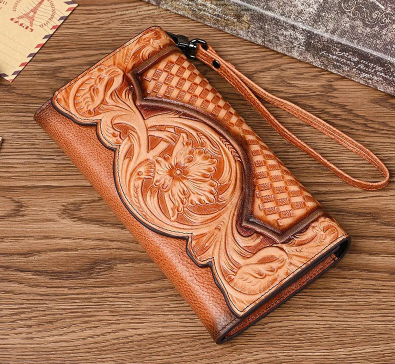 Floral Genuine Leather Wallet Women Handmade Real First Layer Cow Leather Clutch Bag Large Female Card Holder Purse