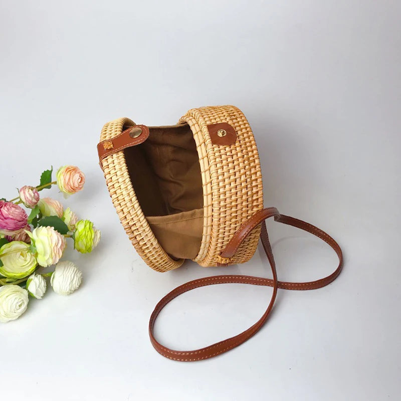 Rattan Woven Women'S Shoulder Bag Round Straw Beach Bags Female Bohemian Handbag Luxury Designer Handmade Crossbody Bag Bali Box