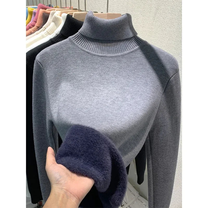 Fleece-lined Thickened High Collar Sweater For Women Autumn/winter Stylish Knit Warm Top Trendy Fleece-lined Base Layer Top