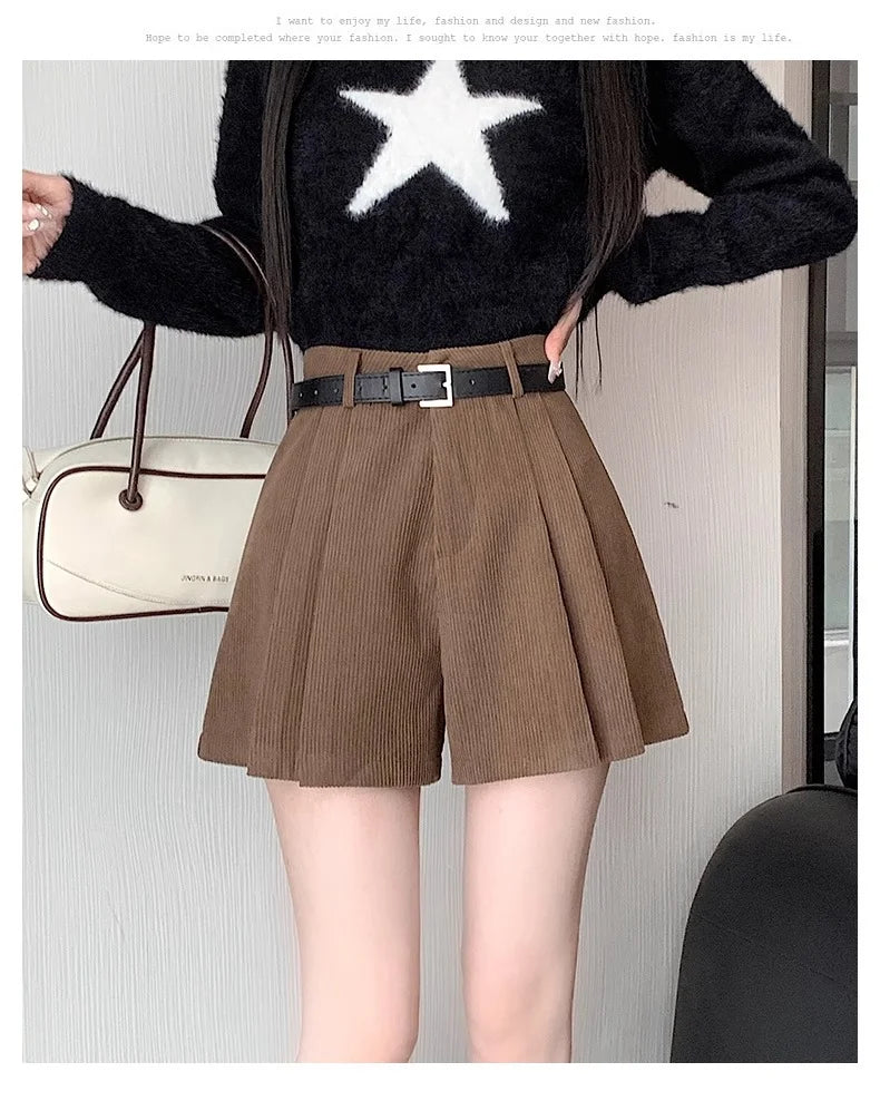 Corduroy Velvet Women Shorts Autumn Winter High Waist Slim Flared Trousers Fashionable Temperament A- crotch Boots