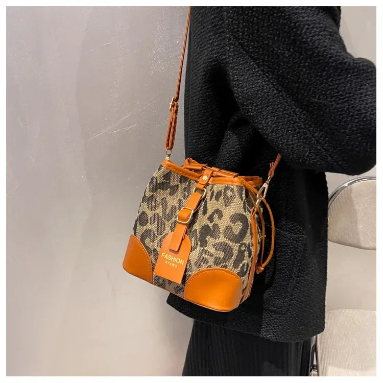 Leopard Small PU Leather Women Bucket Crossbody Bags 2024 Fall Designer Shoulder Bag Luxury Brand Ladies Handbag Lady Trend Tote