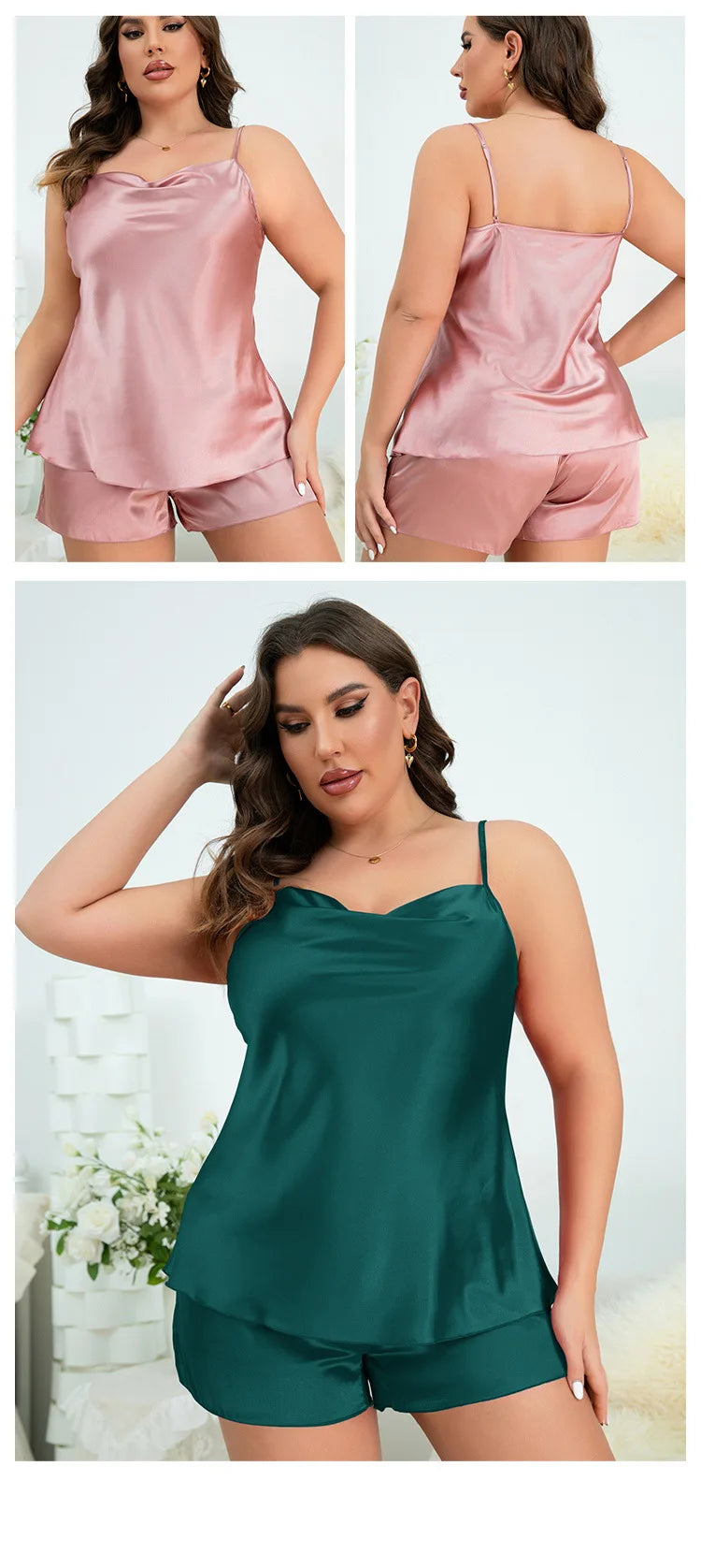 طقم بيجامات صيفي للسيدات مقاس كبير 4XL 5XL ملابس نوم مثيرة من الساتان للنساء ملابس نوم جديدة كامي وشورت مكون من قطعتين بيجامات