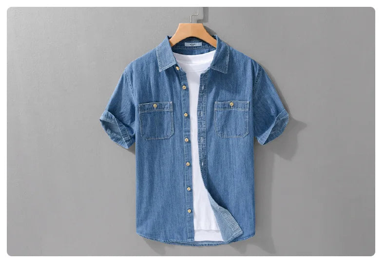 Light and Thin Summer Short-sleeved Denim Shirt for Men, Casual and Breathable, Sweat-wicking, Suitable for Daily Commuting.