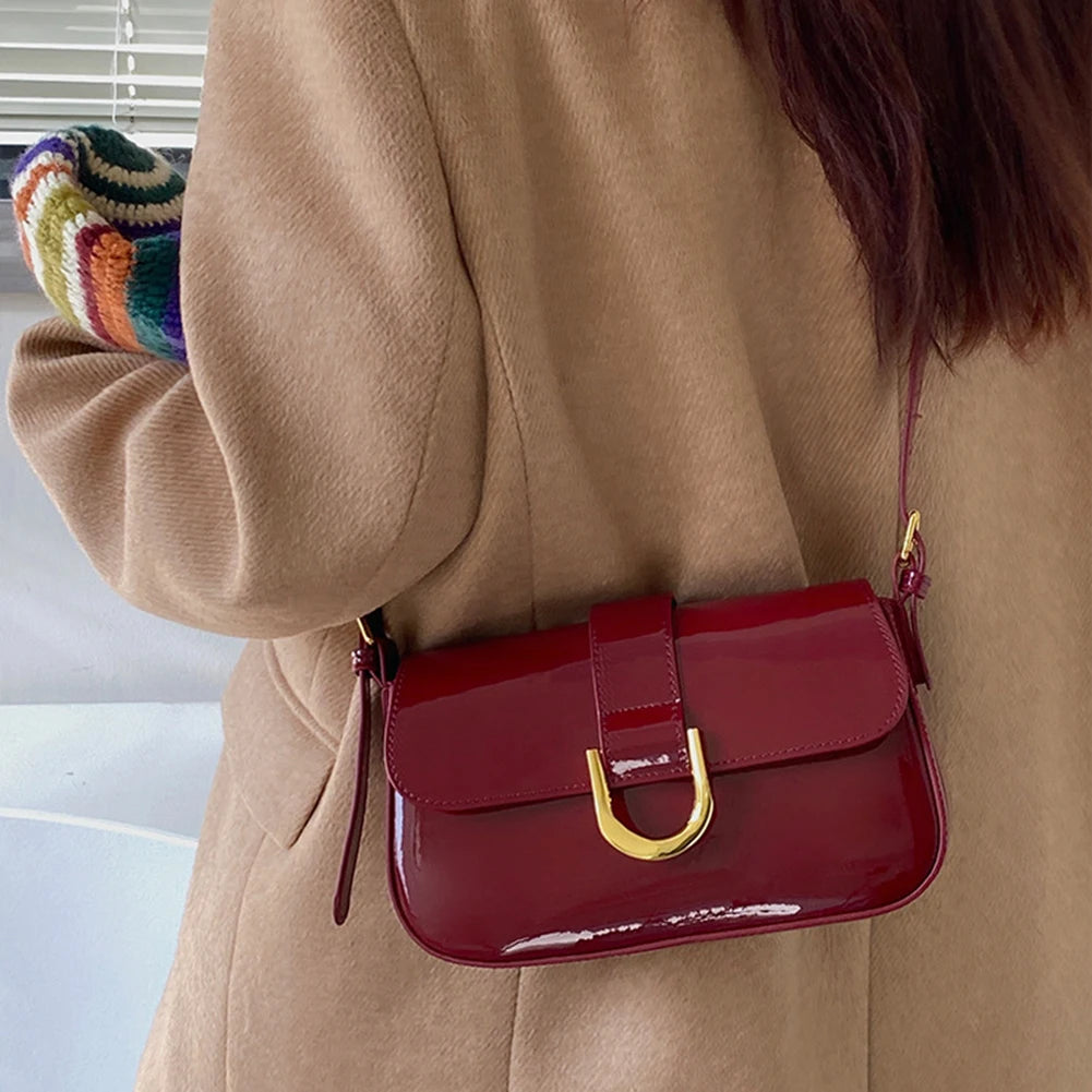 Retro Patent Leather Shoulder Bag For Women Luxury Flap Crossbody Bag Solid Color Underarm Bag Red Crossbody Bag Lady Handbag