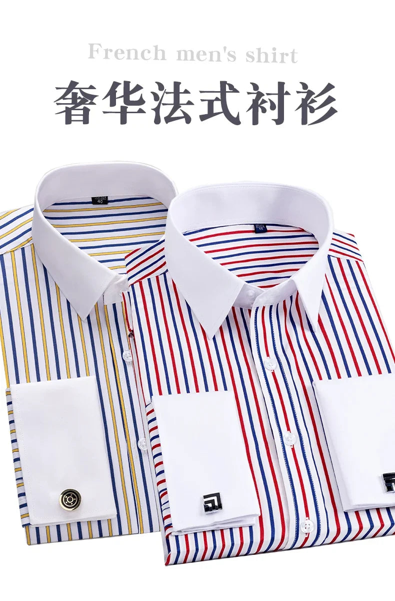 Men's French cufflink shirt with slim fit and contrasting color collar, Windsor collar, striped formal long sleeved shir