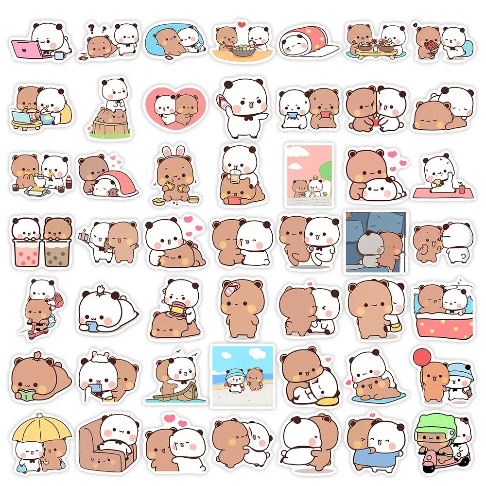 50sheets/set Bear Cute Bear and Panda Stickers Waterproof Panda Cartoon Bear and Panda Stickers Cartoon PVC Bubu Dudu Stickers