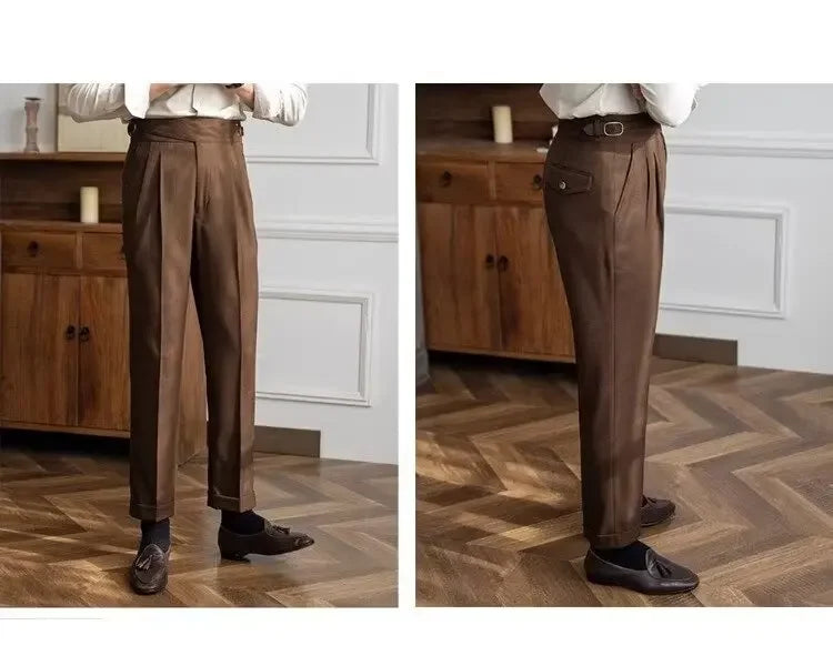 Spring Autumn White Men's Trousers Business Casual Cropped Pants Paris Button Trendy Italian Style