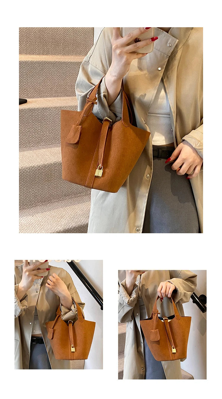 Basket Bag for Women 2024 Autumn and Winter New Frosted Bucket Bag Handbag Casual Red Wedding Bag