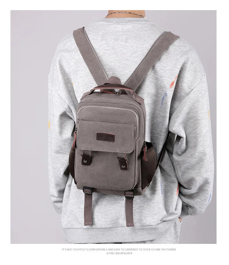 Small Mens Backpack Canvas Casual Backpacks for Men 2024 Mini Male School Bag Rucksack Man Multi-function Crossbody Bag Travel