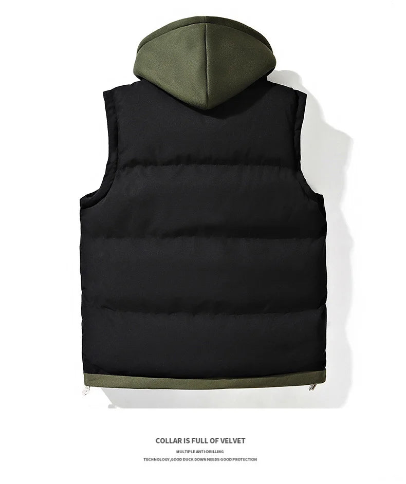 Korean Fashion Hooded Vest for Men Autumn Winter Casual Sleeveless Men Coats Windproof Sleeveless Men Cotton Jacket with Hood