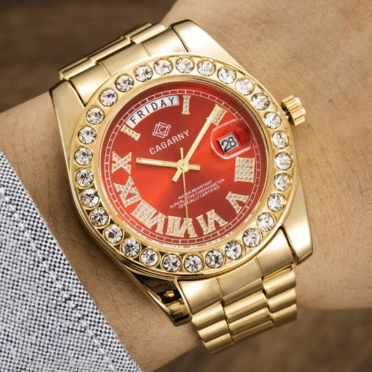 Luxury Crystal Diamond Gold Watch Men Quartz Stainless Steel Men Watches Calenda