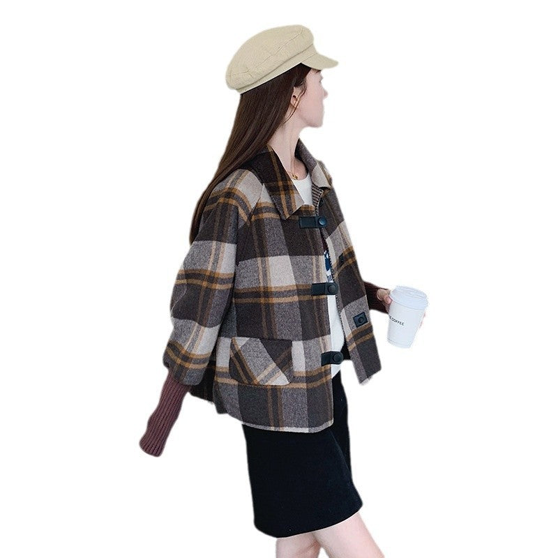 Casual Plaid Short Design Sense Thick Woolen Coat Women