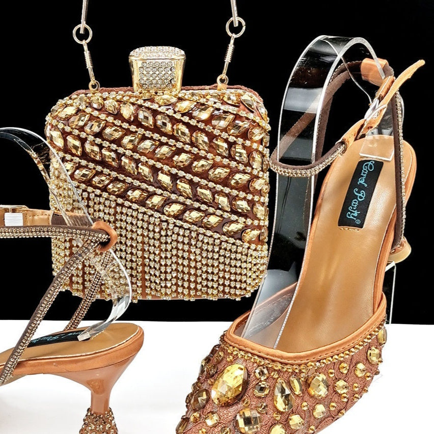 Large Rhinestone High Heel Sandals Three-dimensional Tassel Handbag Set