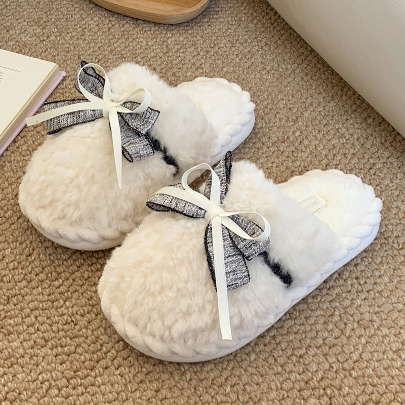 Bow Cotton Warm Non-slip Platform Slippers