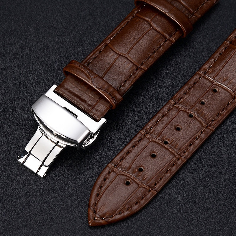 Bracelet de montre en cuir de vachette à motif bambou avec fermoir papillon