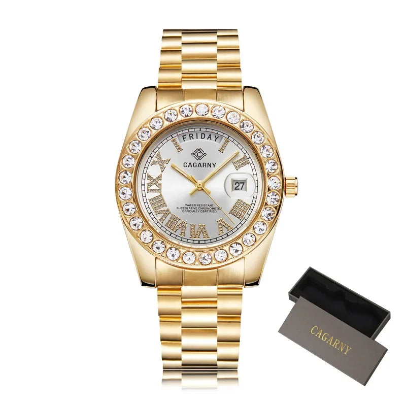 Luxury Crystal Diamond Gold Watch Men Quartz Stainless Steel Men Watches Calenda