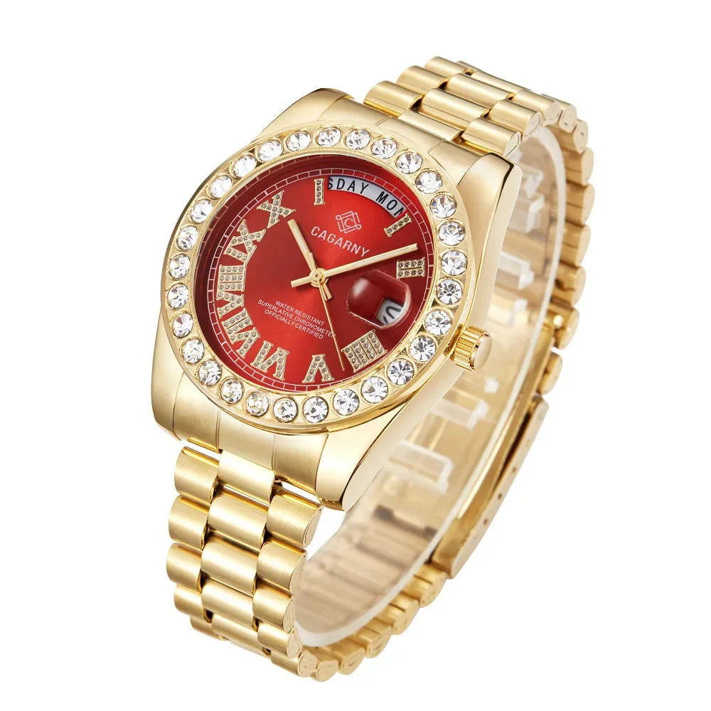 Luxury Crystal Diamond Gold Watch Men Quartz Stainless Steel Men Watches Calenda