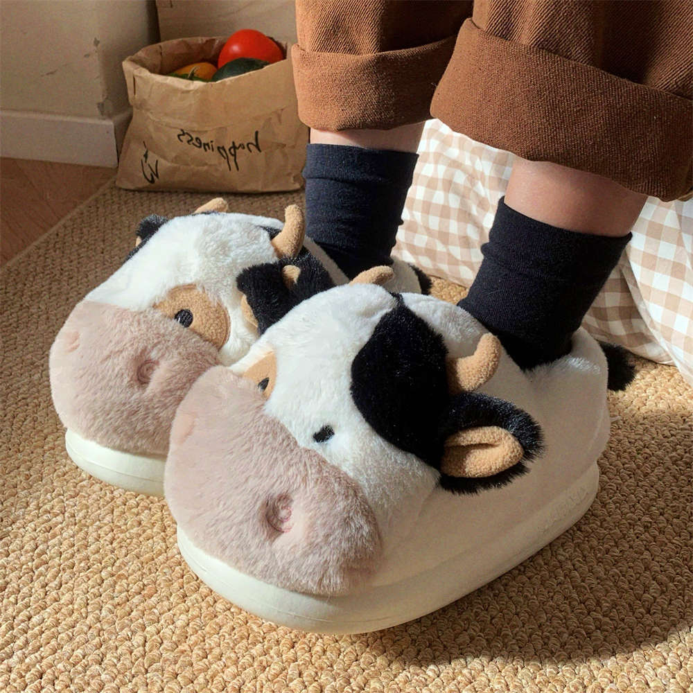 Fleece Lined Thermal Soft Bottom Home Cute Dairy Cattle Cotton Slippers