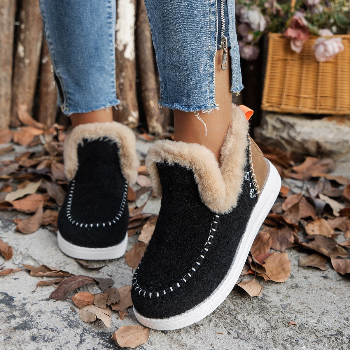 Fleece-lined Thick Plush Boots Warm Sewing Flat Cotton Shoes Winter Ankle Boot