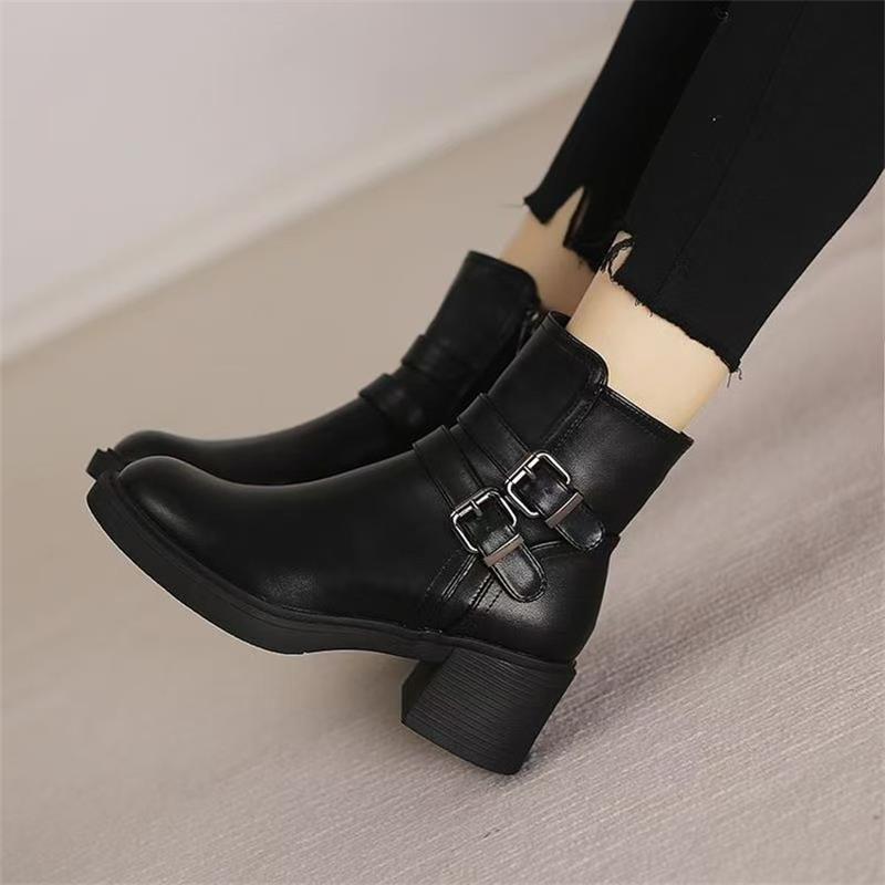 Black Belt Buckle Round Toe Mid Heel Short Boots For Women