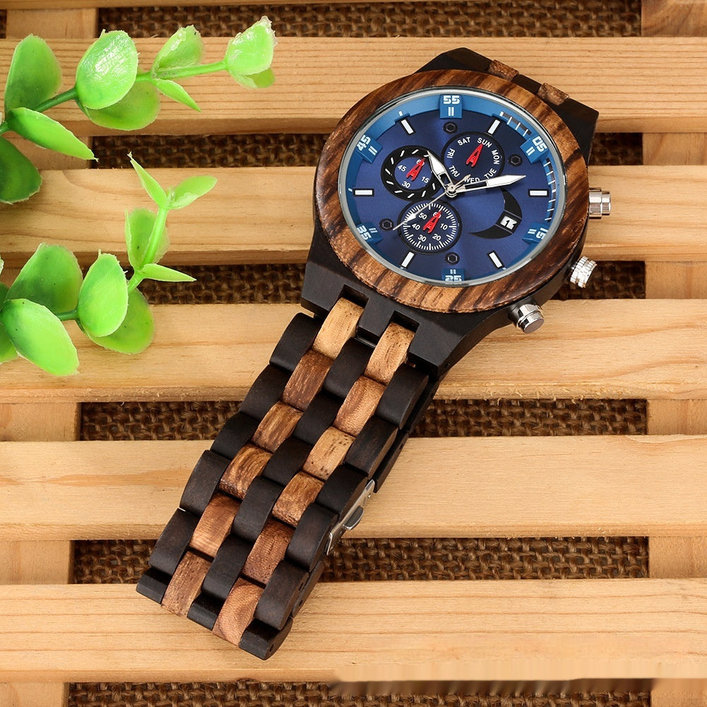 Nouvelle montre à quartz multifonctionnelle avec calendrier et bracelet en bois