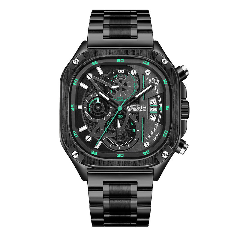 Montre multifonction étanche lumineuse à bracelet carré en acier pour homme avec boucle papillon