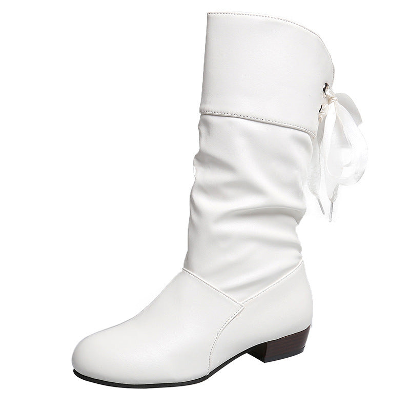 Student Knight Low Heel Round Head Slingback Mid-calf Boots