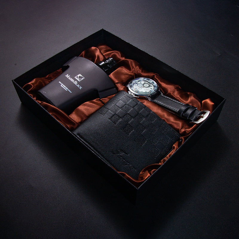 Cadeau d'anniversaire Montre à quartz Ceinture en cuir Portefeuille Kit de parfum