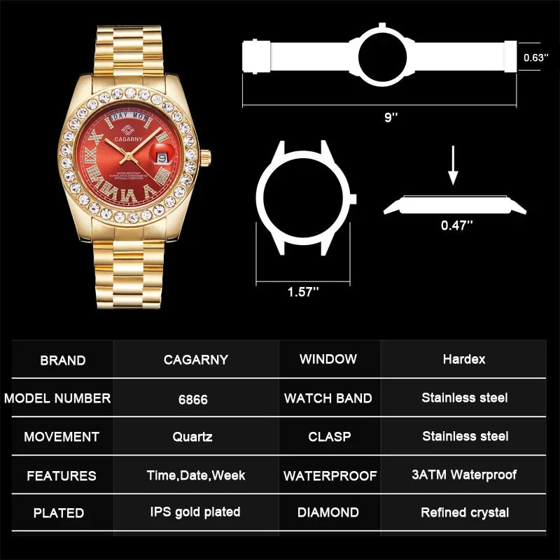 Luxury Crystal Diamond Gold Watch Men Quartz Stainless Steel Men Watches Calenda