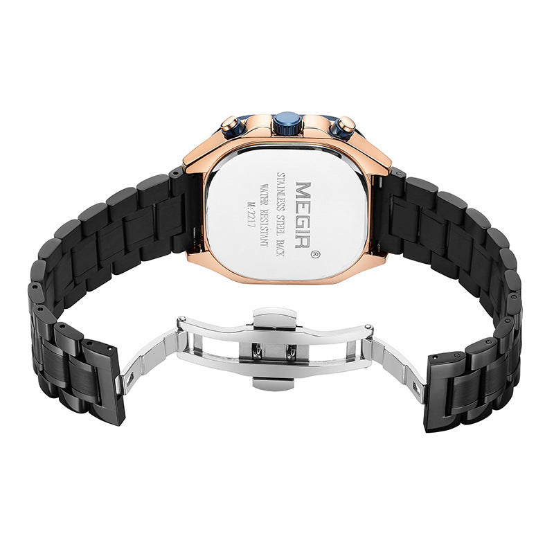 Montre multifonction étanche lumineuse à bracelet carré en acier pour homme avec boucle papillon