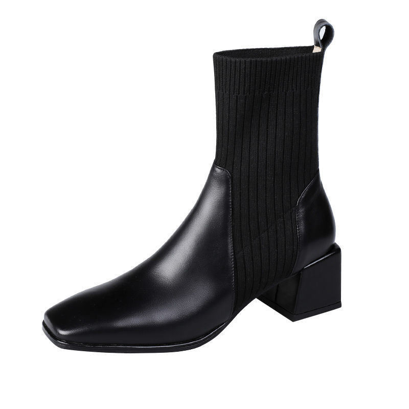 Chunky Heel Martin Boots Female Square Toe Stretch Socks Soft Leather Mid-calf Thin Short