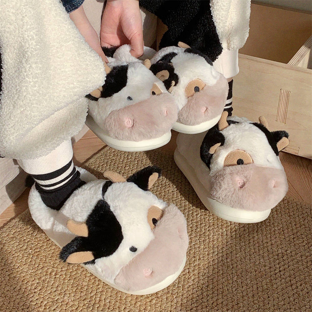 Fleece Lined Thermal Soft Bottom Home Cute Dairy Cattle Cotton Slippers