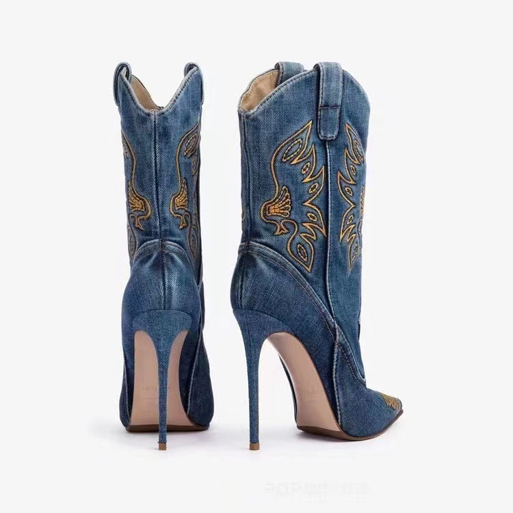 Women's Fashion Western Denim Style High-heel Boots