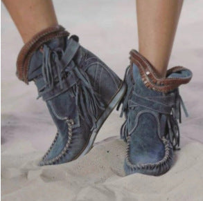 Solid Color Leather Tassel Women's Ankle Boots